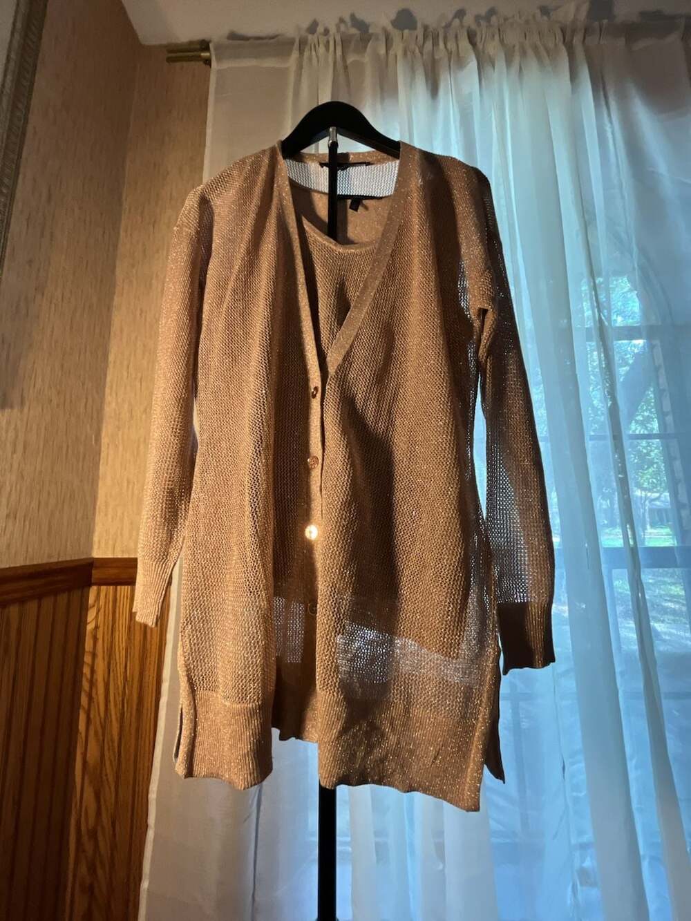 White House Black Market Gold Metallic Cardigan Set